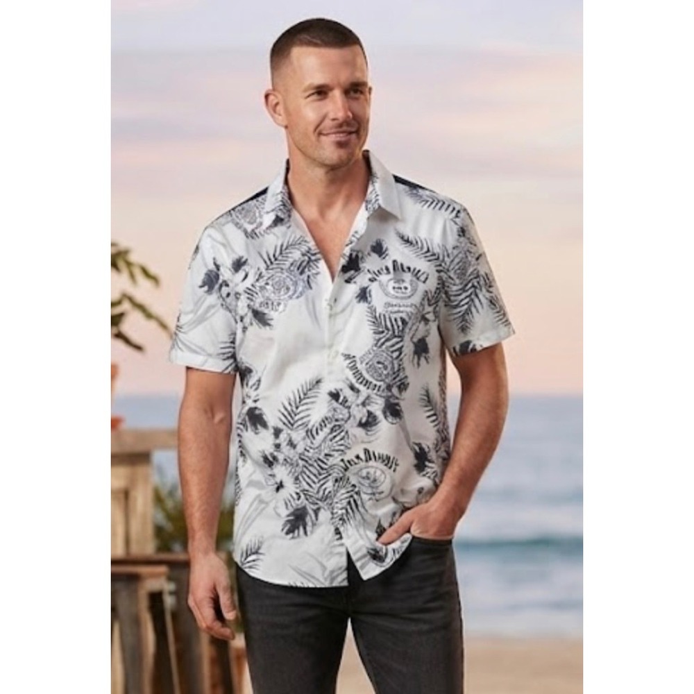 Jack Daniels Mens White Black Tropical Floral Whiskey Button Down Shirt Large
